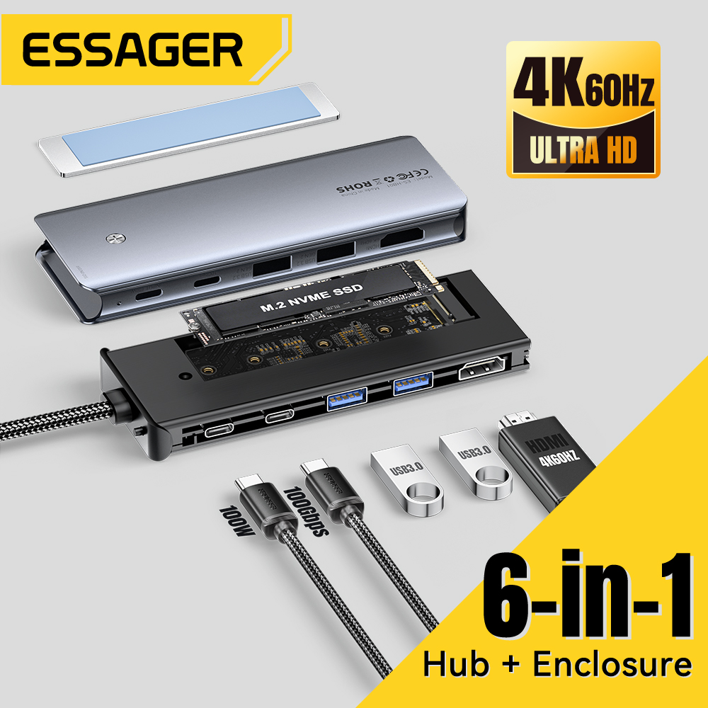 Type C Multiport Adapter - Essager USB C Hub com gabinete